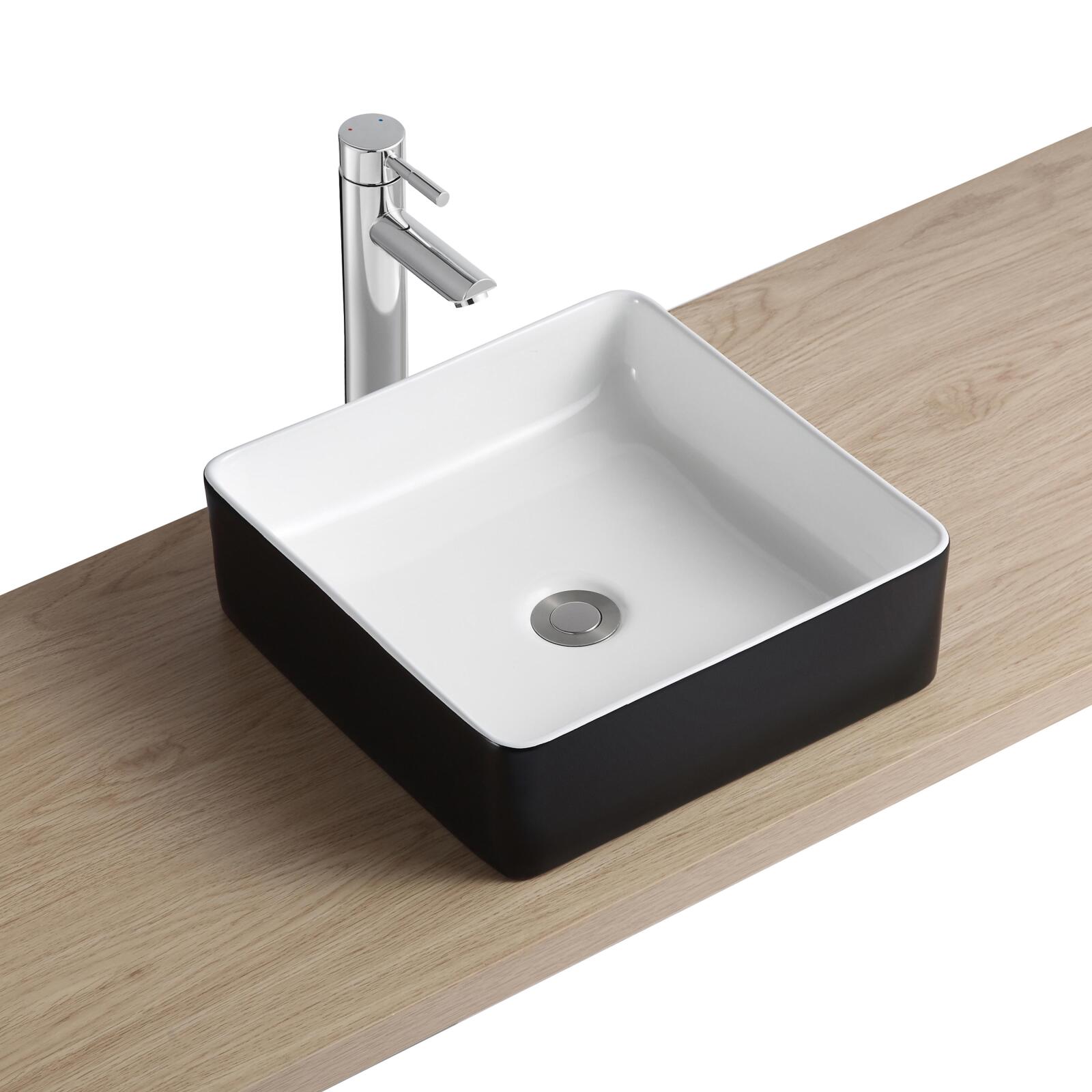 Vasque à poser carrée en céramique bicolore noir et blanc 36cm - YDRA - Vue de 3/4