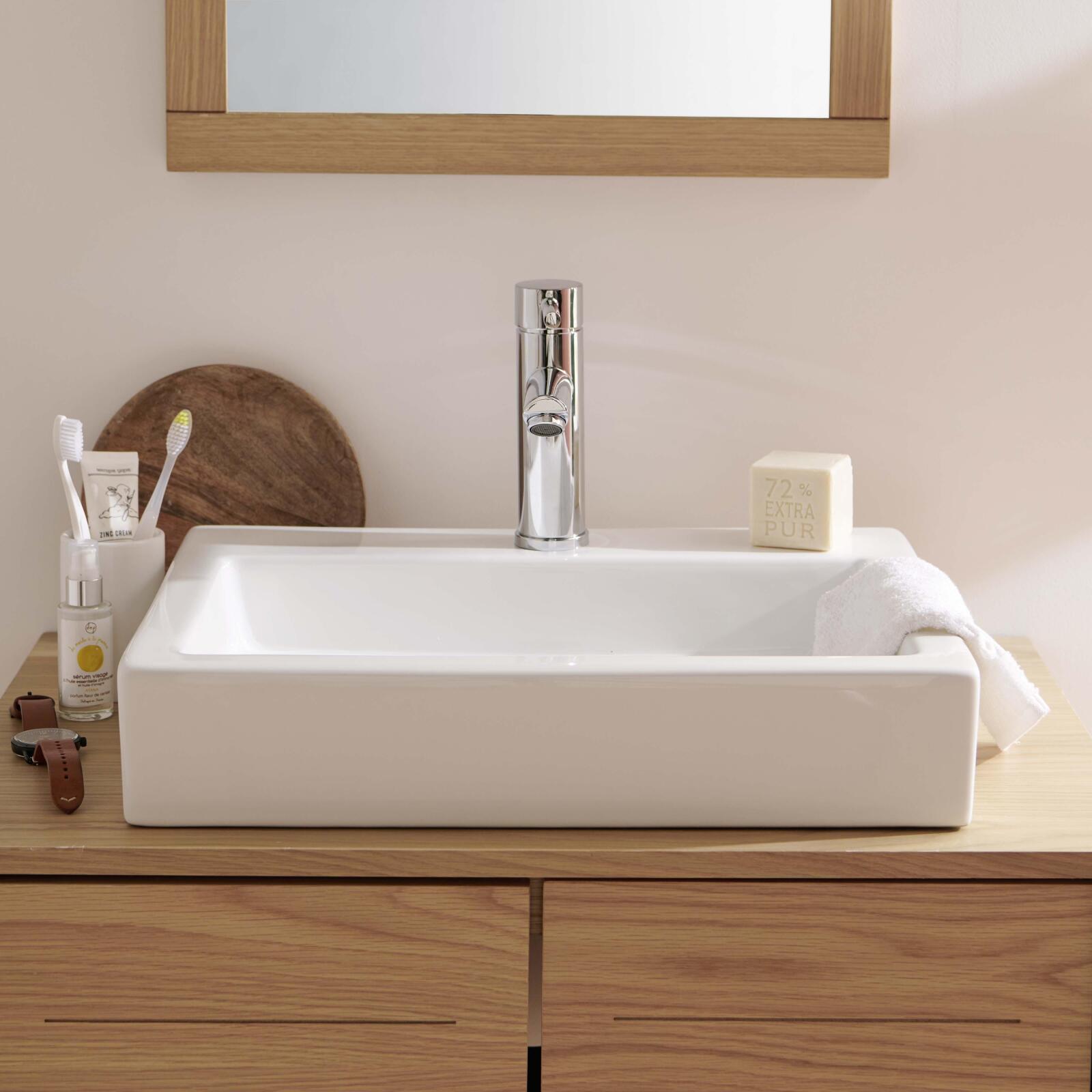 Vasque blanche à poser rectangulaire 48x38cm en céramique - PADI - Vue de face Vasque blanche à poser rectangulaire 48x38cm en céramique - PADI - Vue de face