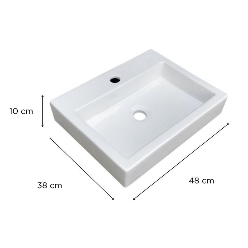 Vasque blanche à poser rectangulaire 48x38cm en céramique - PADI - Vue avec dimensions