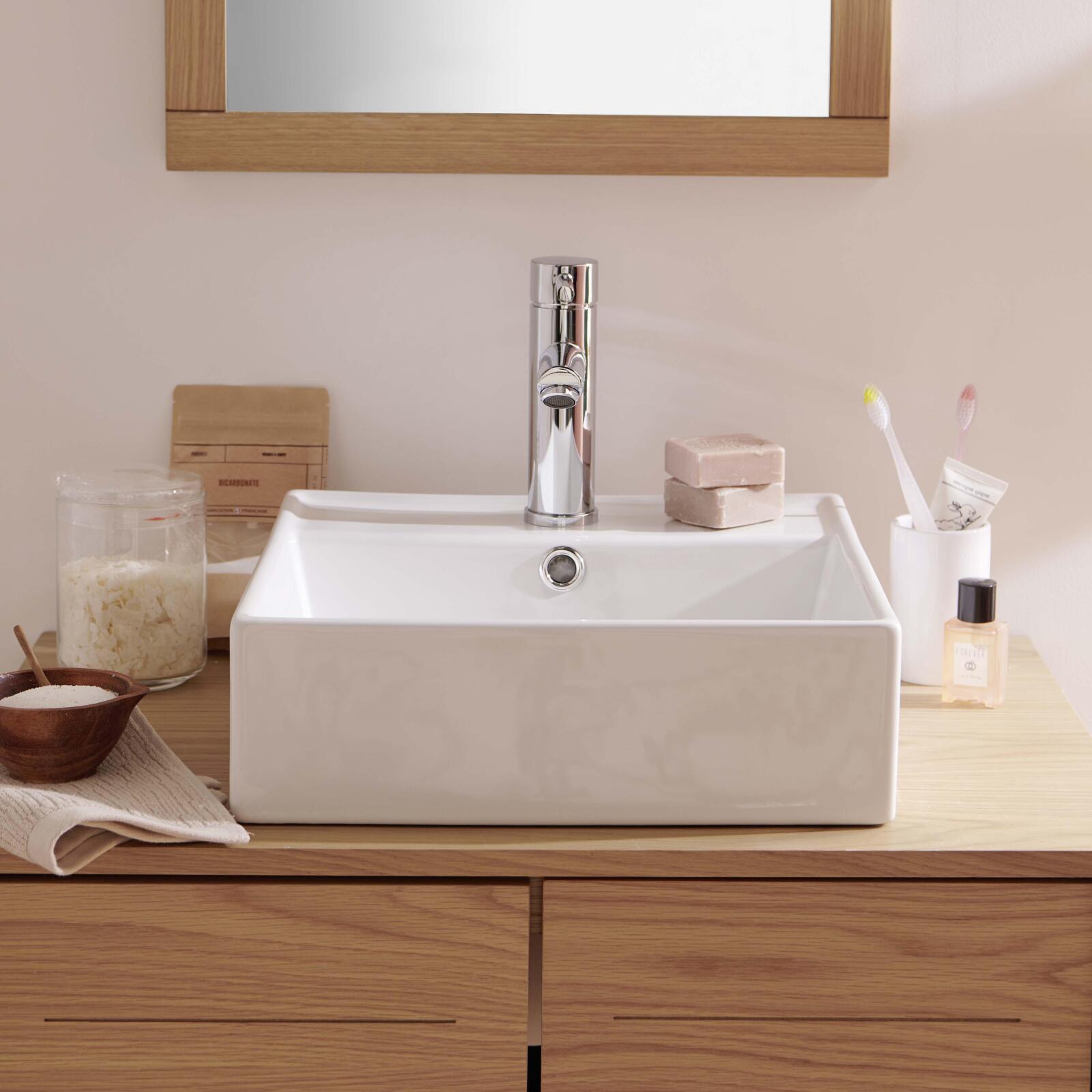 Vasque carrée à poser en céramique blanche 38 cm - NINO - Vue de face Vasque carrée à poser en céramique blanche 38 cm - NINO - Vue de face