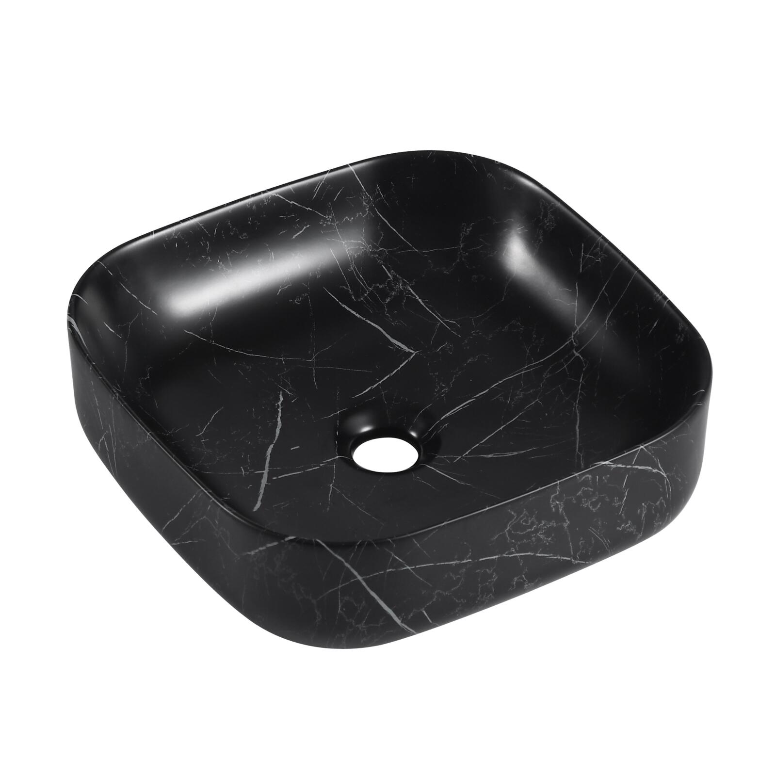 Vasque carrée noire à poser en céramique imitation marbre 37 x 37 cm - DIANE - Vue sur fond blanc
