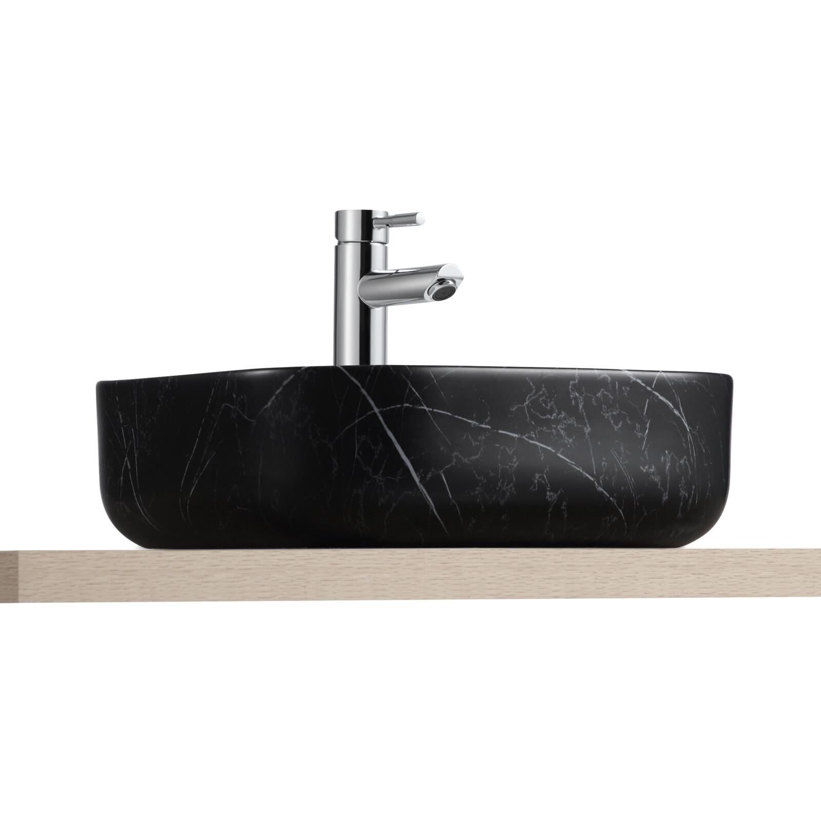 Vasque carrée noire à poser en céramique imitation marbre 37 x 37 cm - DIANE - Vue épaisseur