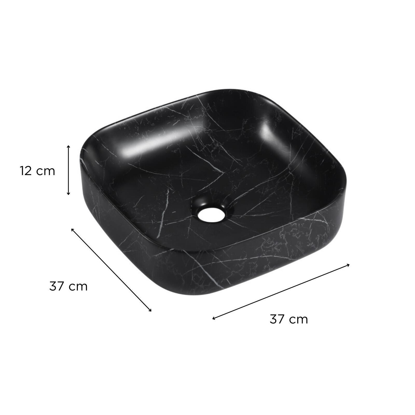 Vasque carrée noire à poser en céramique imitation marbre 37 x 37 cm - DIANE - Vue avec dimensions