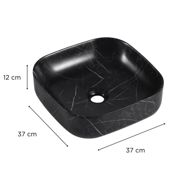 Vasque carrée noire à poser en céramique imitation marbre 37 x 37 cm - DIANE - Vue avec dimensions
