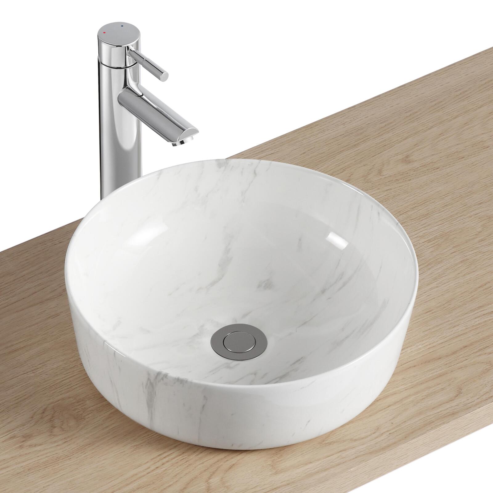 Vasque ronde à poser en céramique imitation marbre 42 x 42 cm - DIANE - Vue de 3/4
