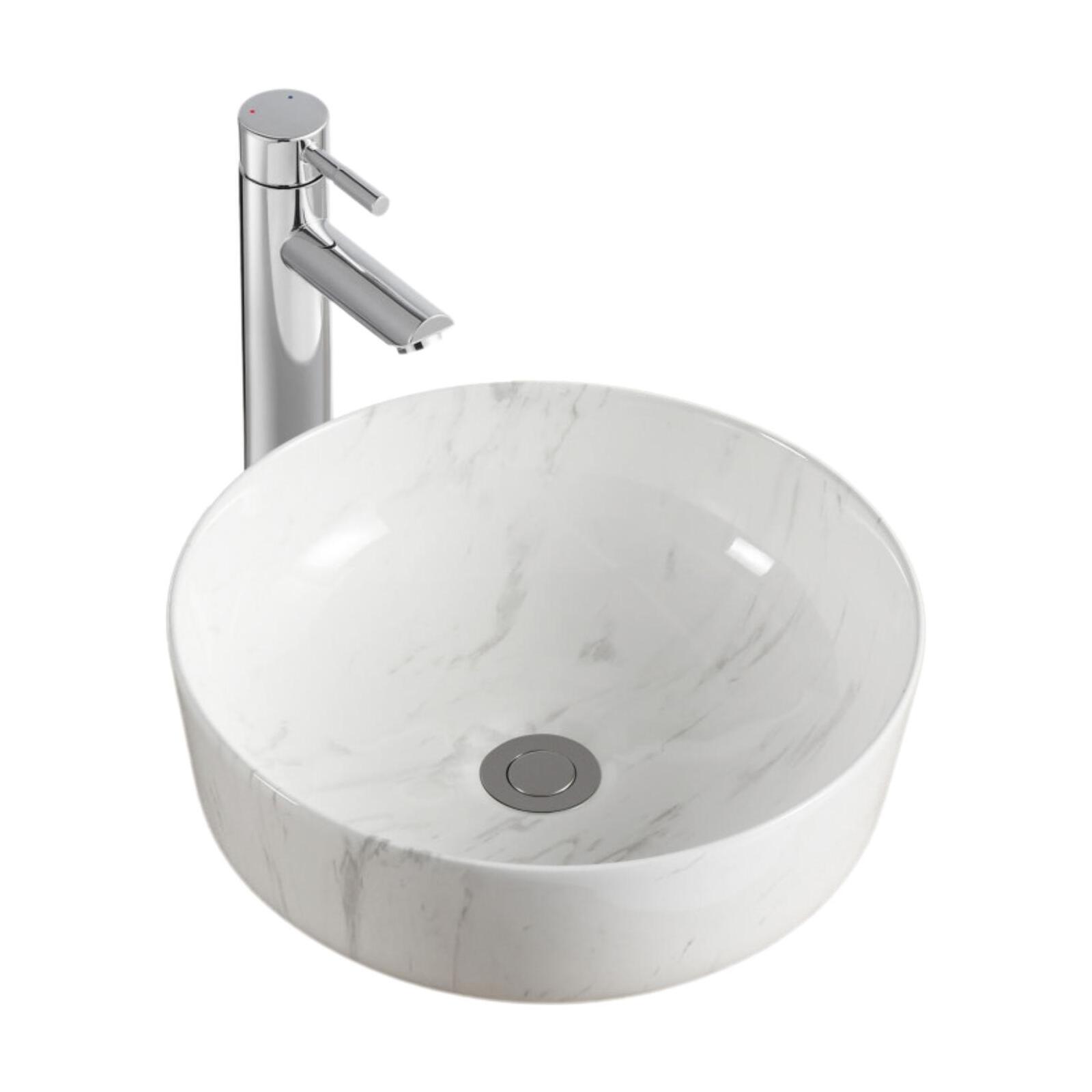 Vasque ronde à poser en céramique imitation marbre 42 x 42 cm - DIANE - Vue sur fond blanc