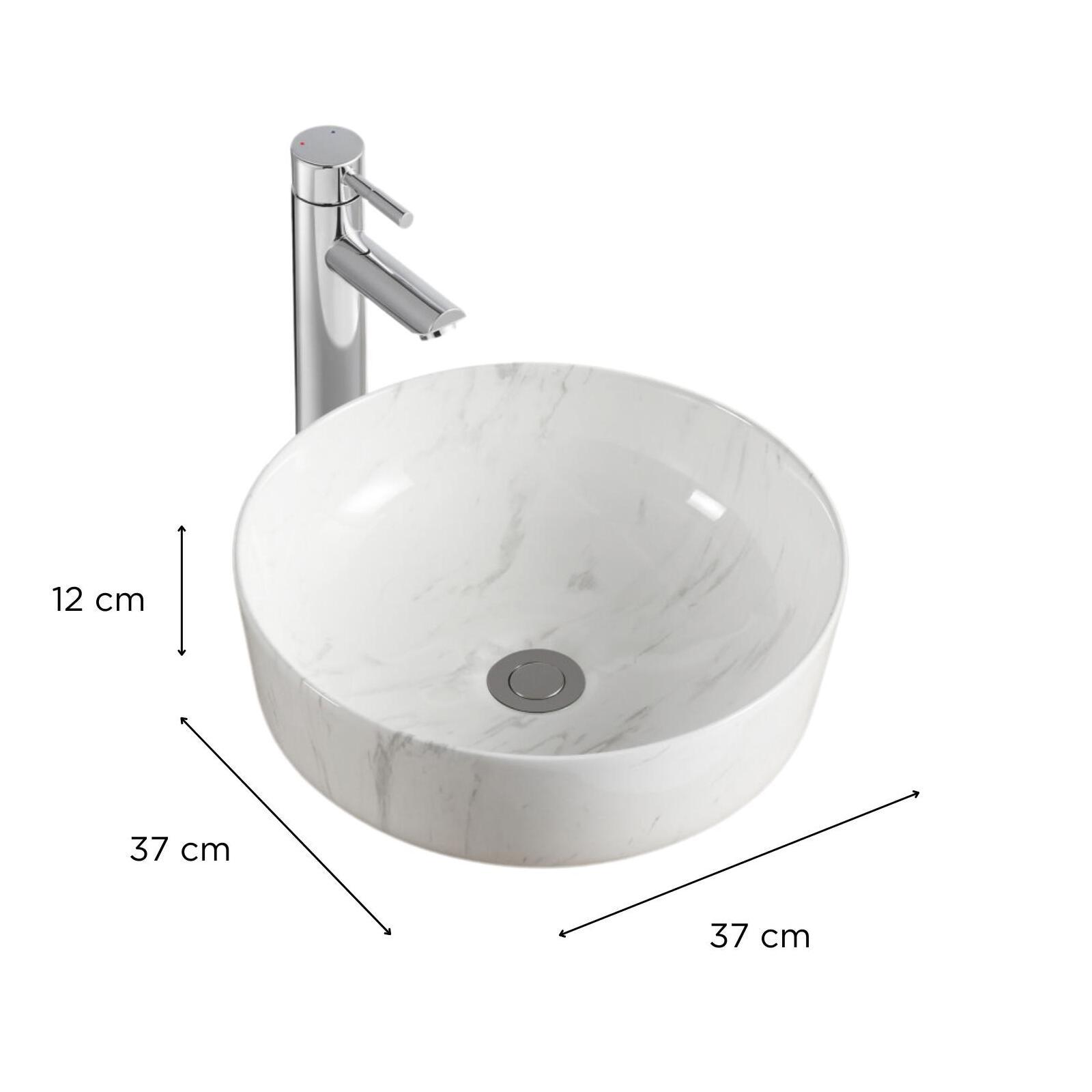 Vasque ronde à poser en céramique imitation marbre 42 x 42 cm - DIANE - Vue avec dimensions