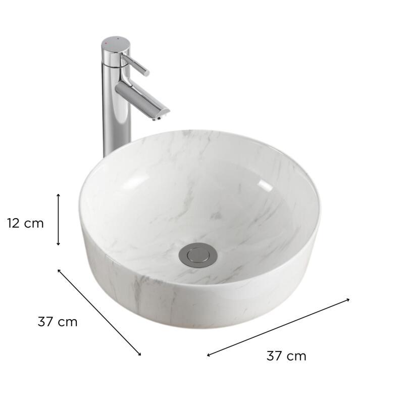 Vasque ronde à poser en céramique imitation marbre 42 x 42 cm - DIANE - Vue avec dimensions