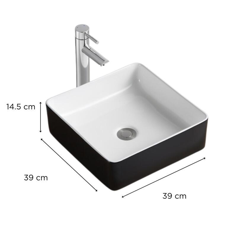 Vasque à poser carrée en céramique bicolore noir et blanc 36cm