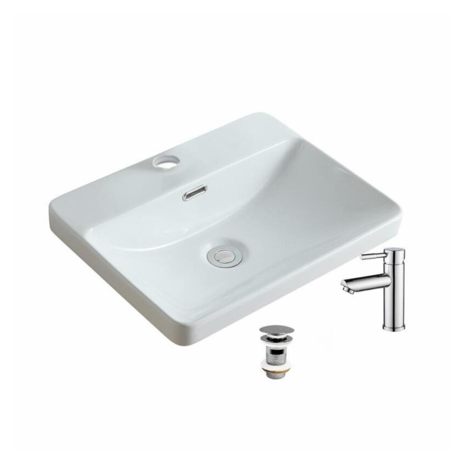 Vasque à encastrer rectangulaire 48x37 + robinet et bonde chromés