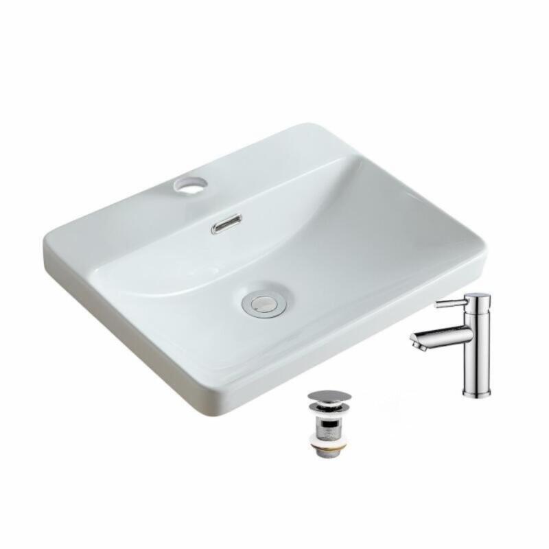 Vasque à encastrer rectangulaire 48x37 + robinet et bonde chromés