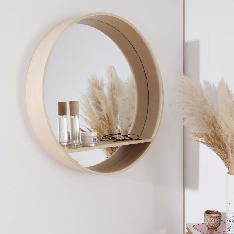 Miroir rond en chêne avec étagère 60 cm OBLO