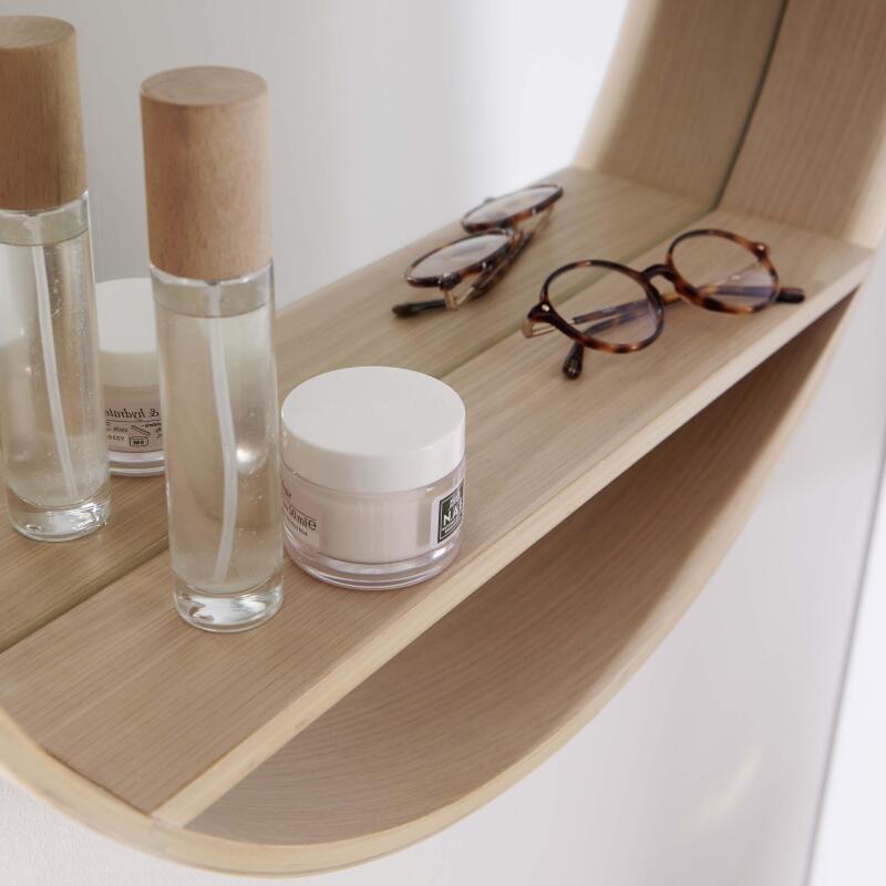 Miroir rond en chêne avec étagère 60 cm OBLO