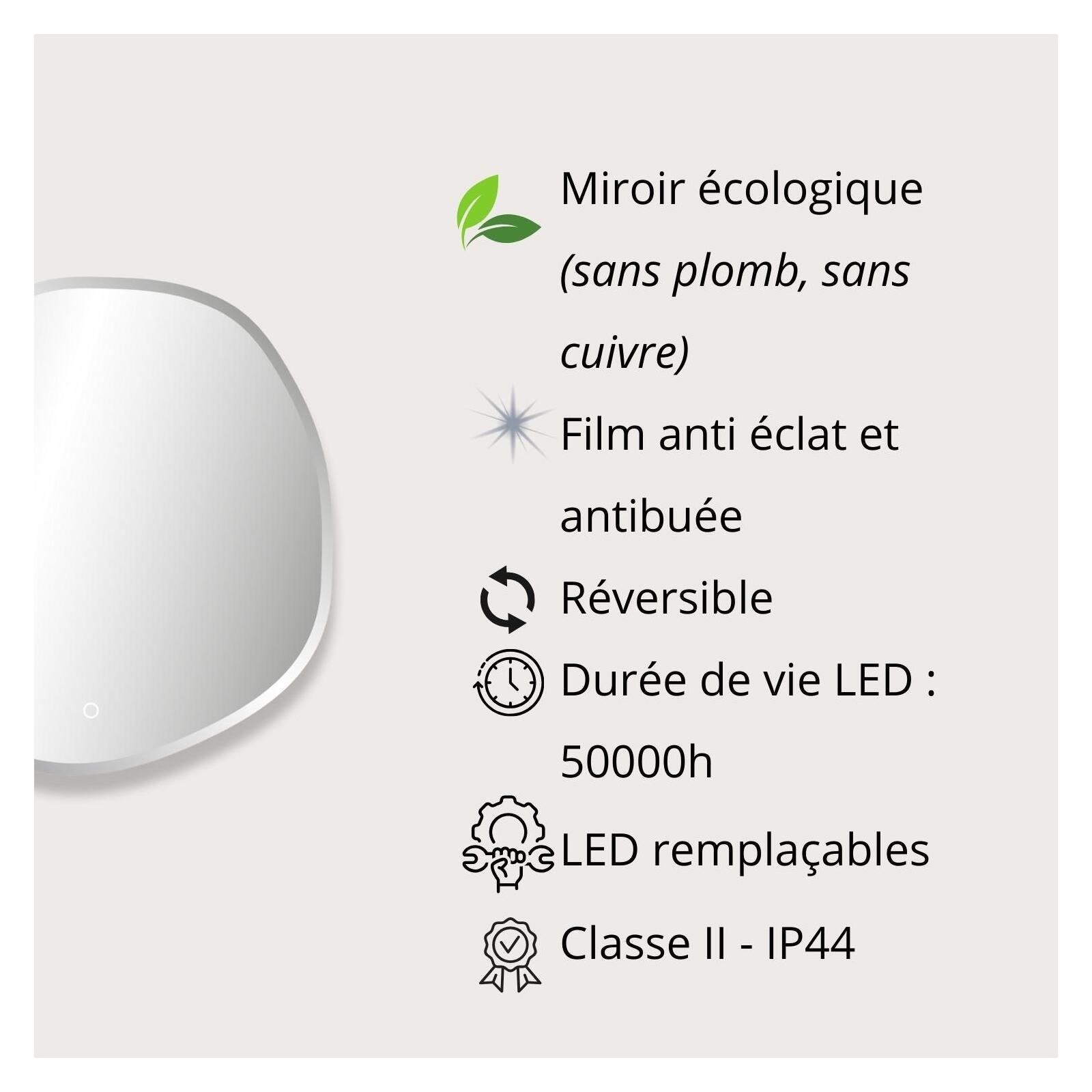 Miroir LED organique D60/80cm à bords biseautés