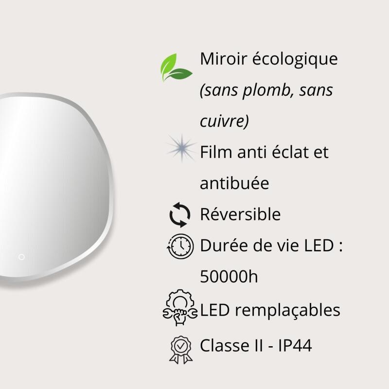 Miroir LED organique D60/80cm à bords biseautés