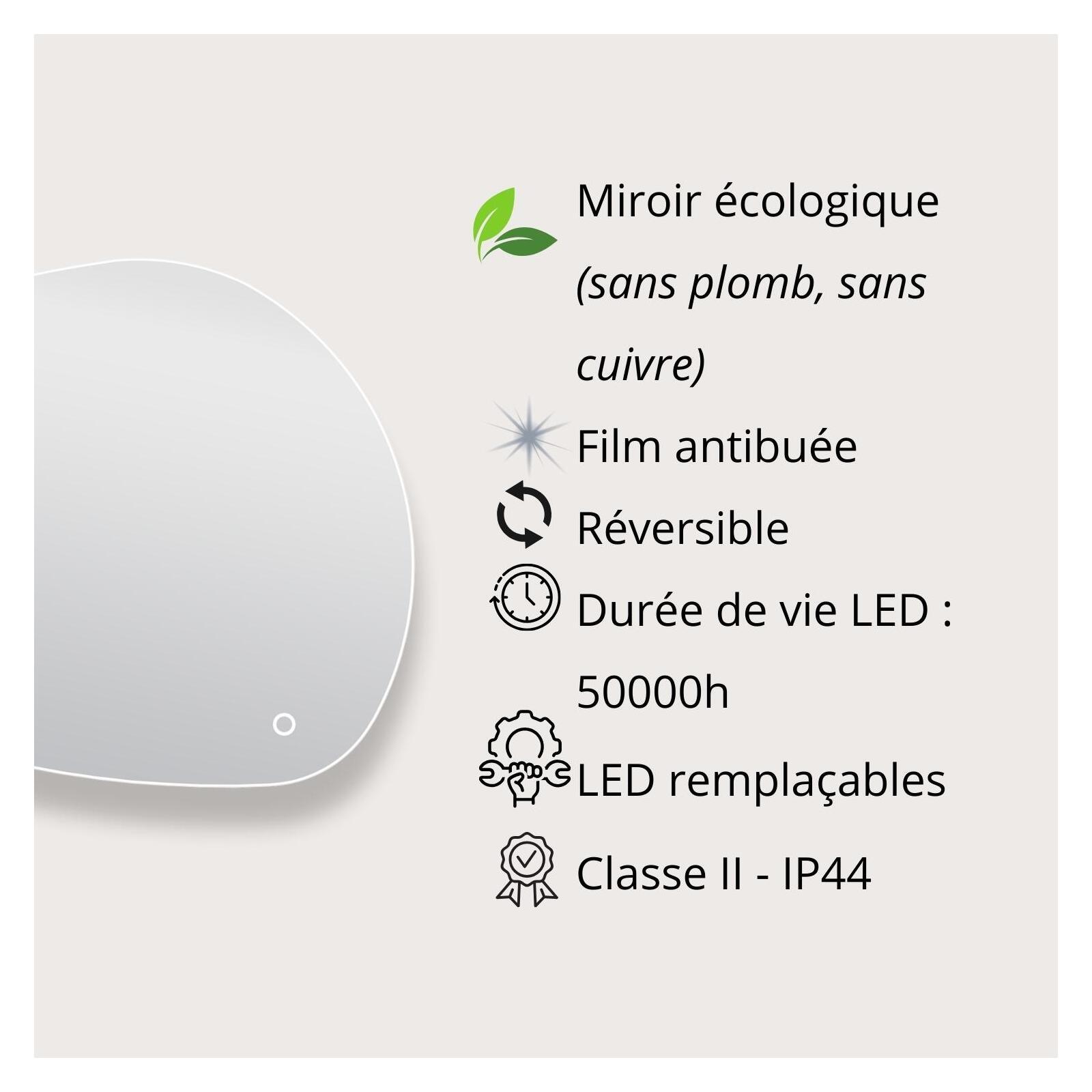 Miroir LED galet L80/120cm antibuée