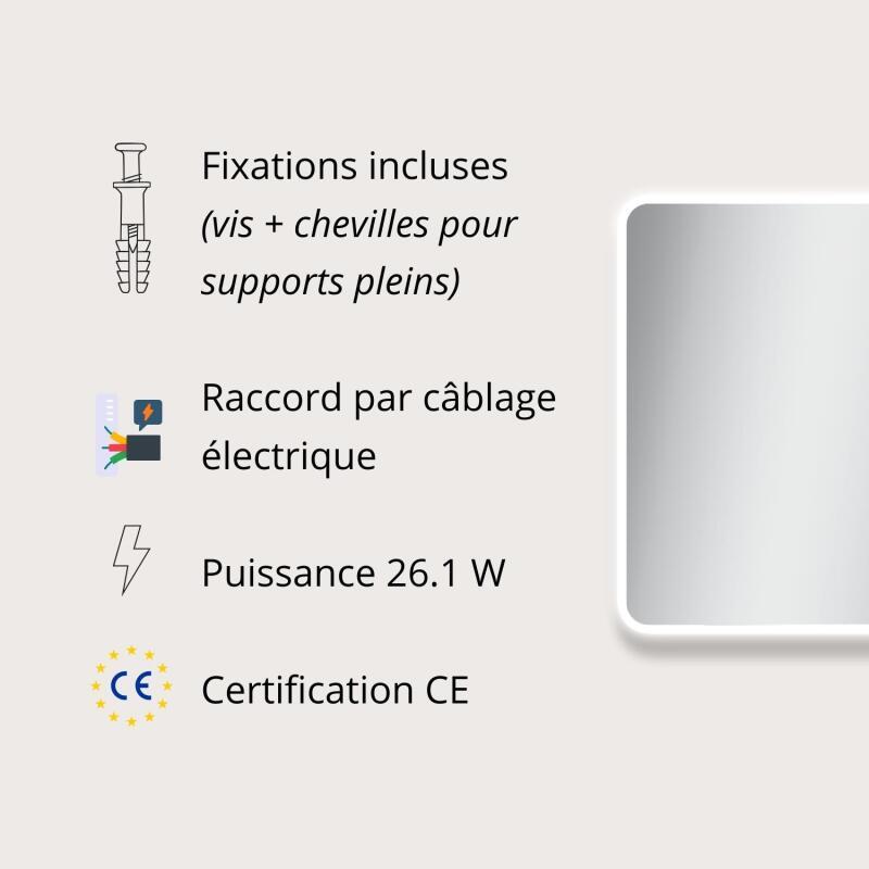 Miroir LED rectangulaire L60/80/90/120cm avec cadre rétro-éclairé