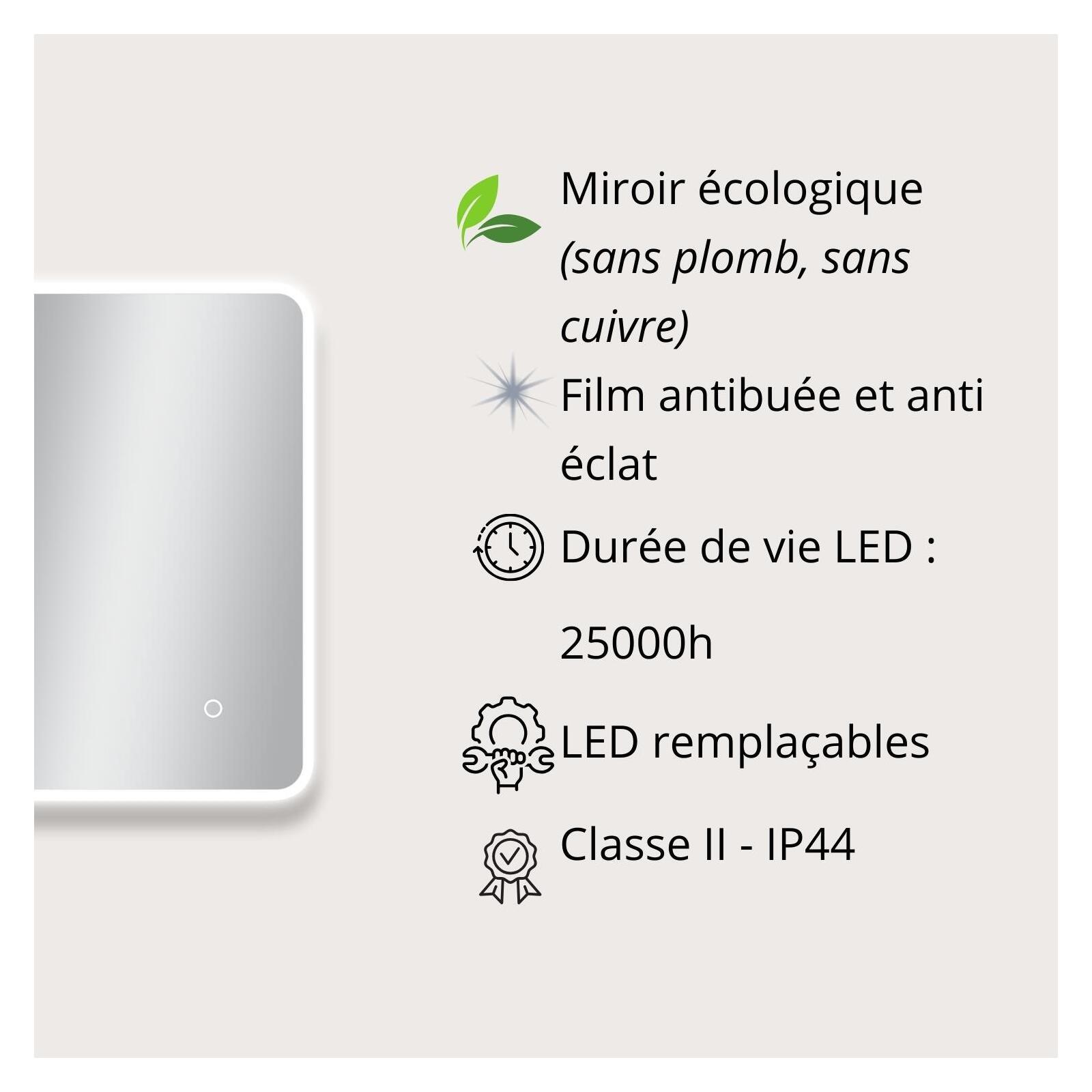 Miroir LED rectangulaire L60/80/90/120cm avec cadre rétro-éclairé