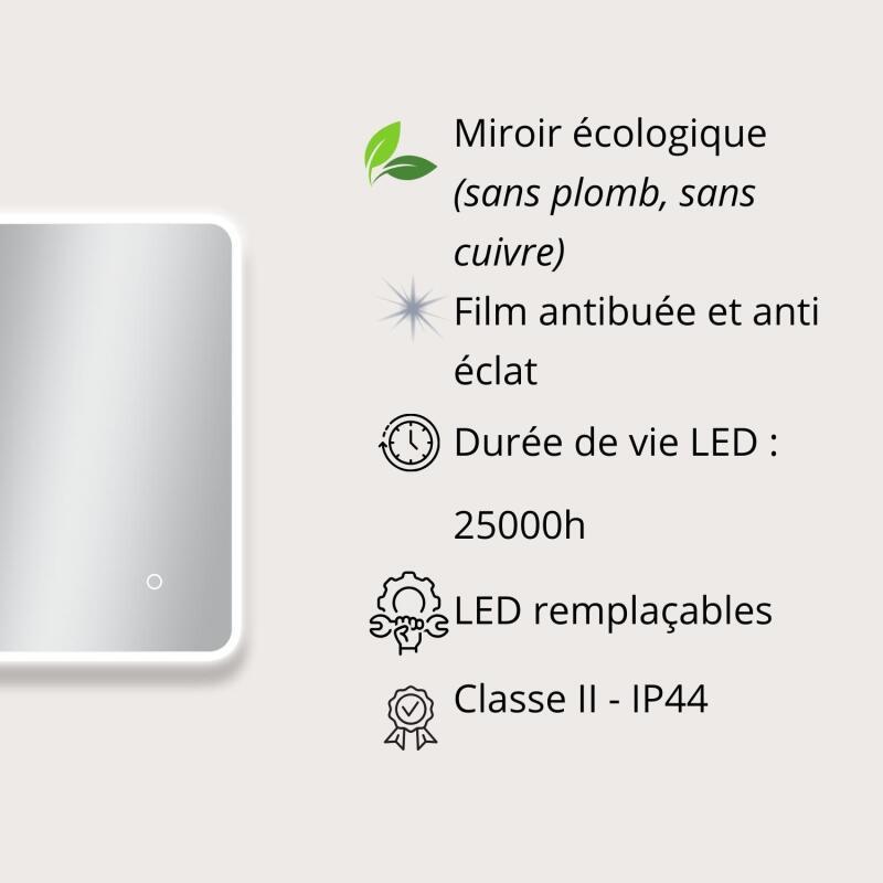 Miroir LED rectangulaire L60/80/90/120cm avec cadre rétro-éclairé