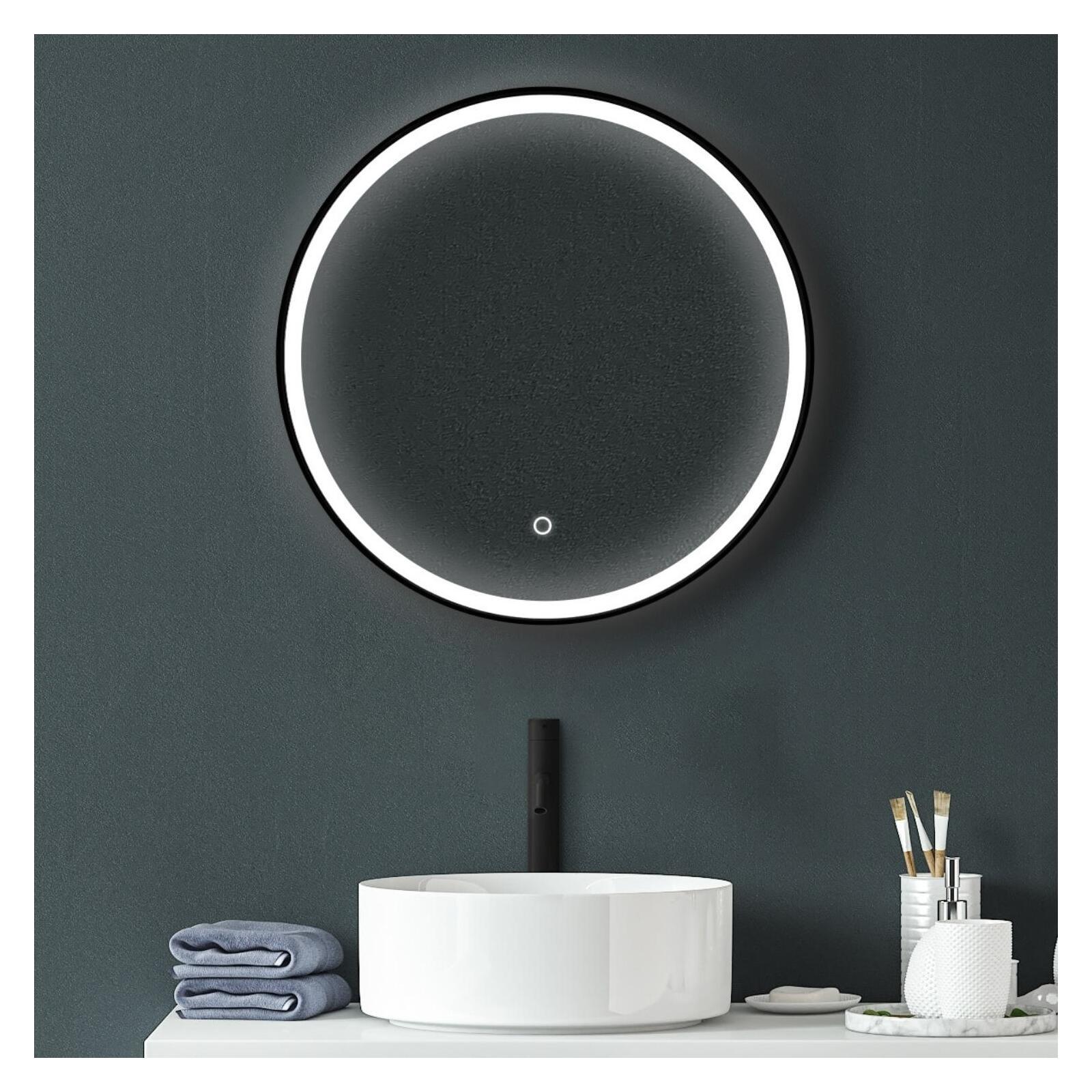 Miroir LED rond D60cm avec cadre alu noir