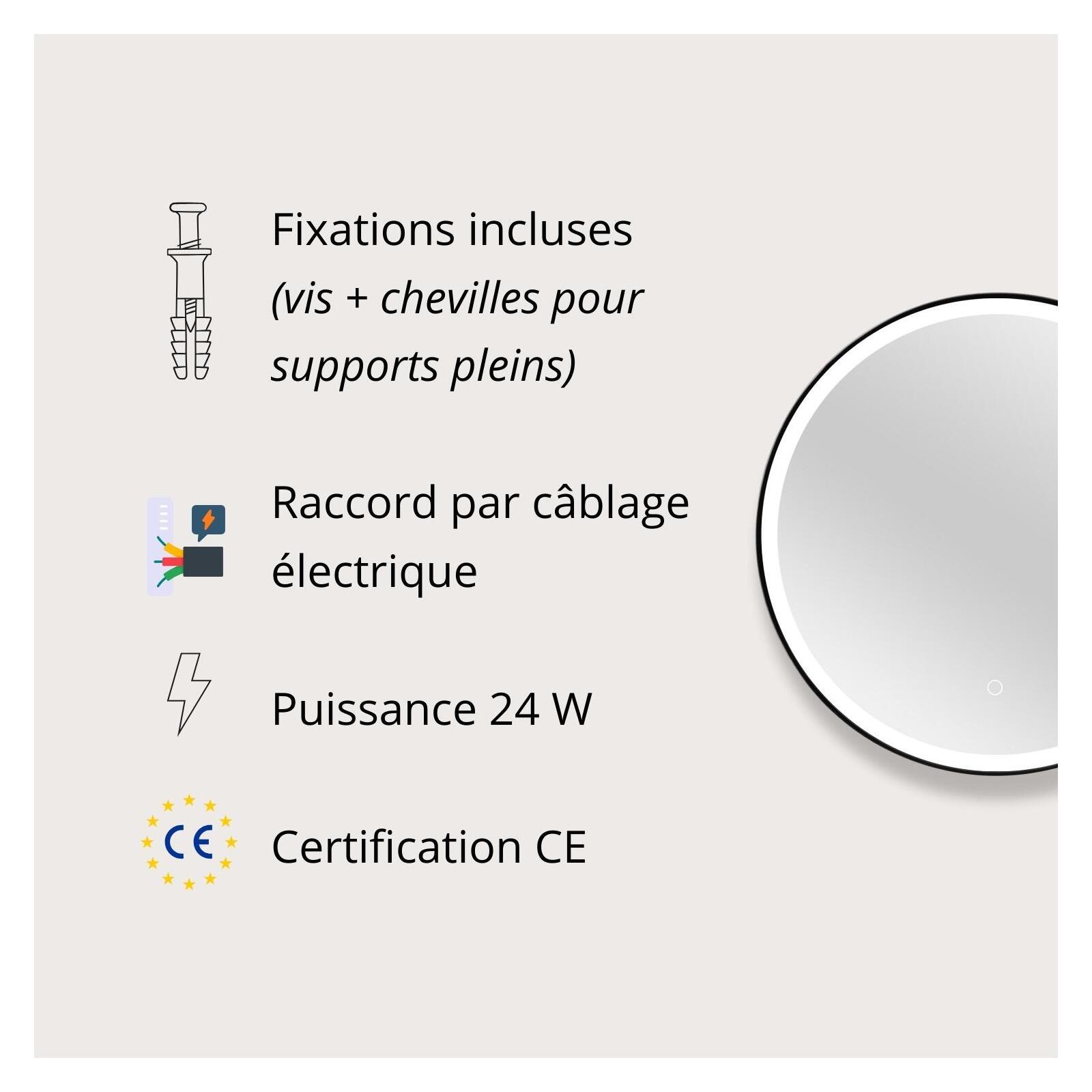 Miroir LED rond D60cm avec cadre alu noir