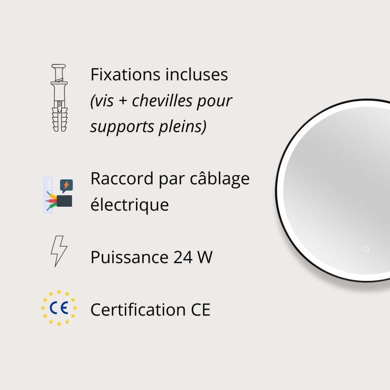 Miroir LED rond D60cm avec cadre alu noir