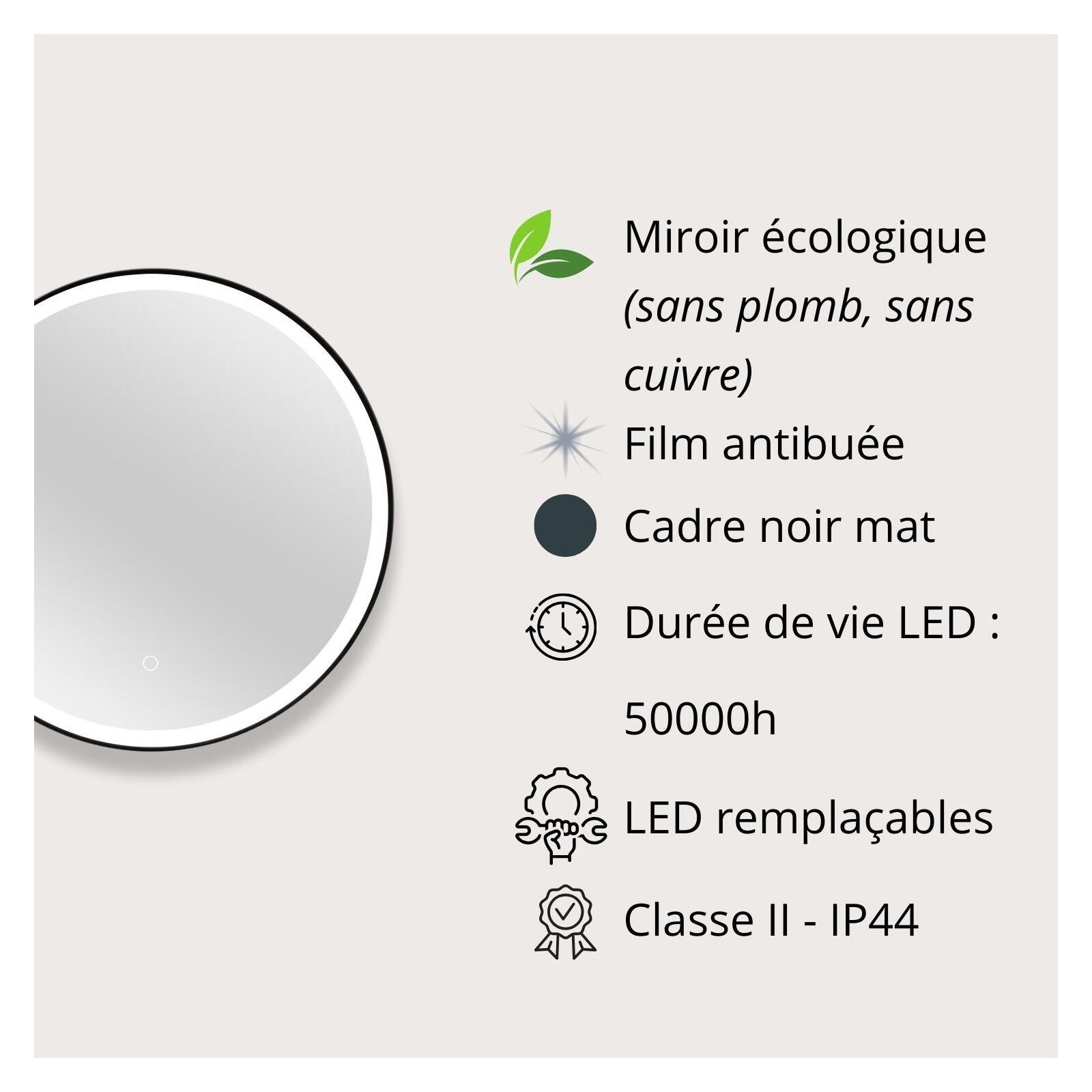Miroir LED rond D60cm avec cadre alu noir