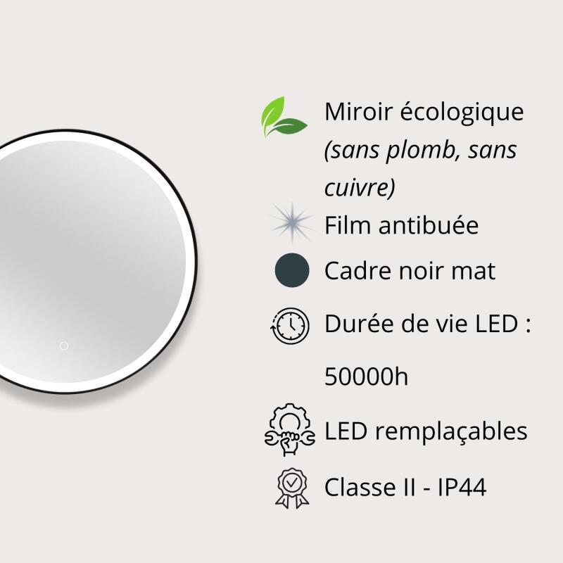 Miroir LED rond D60cm avec cadre alu noir