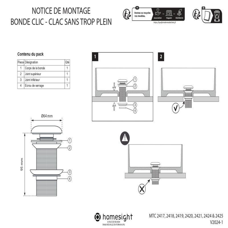Bonde clic-clac sans trop plein en grès