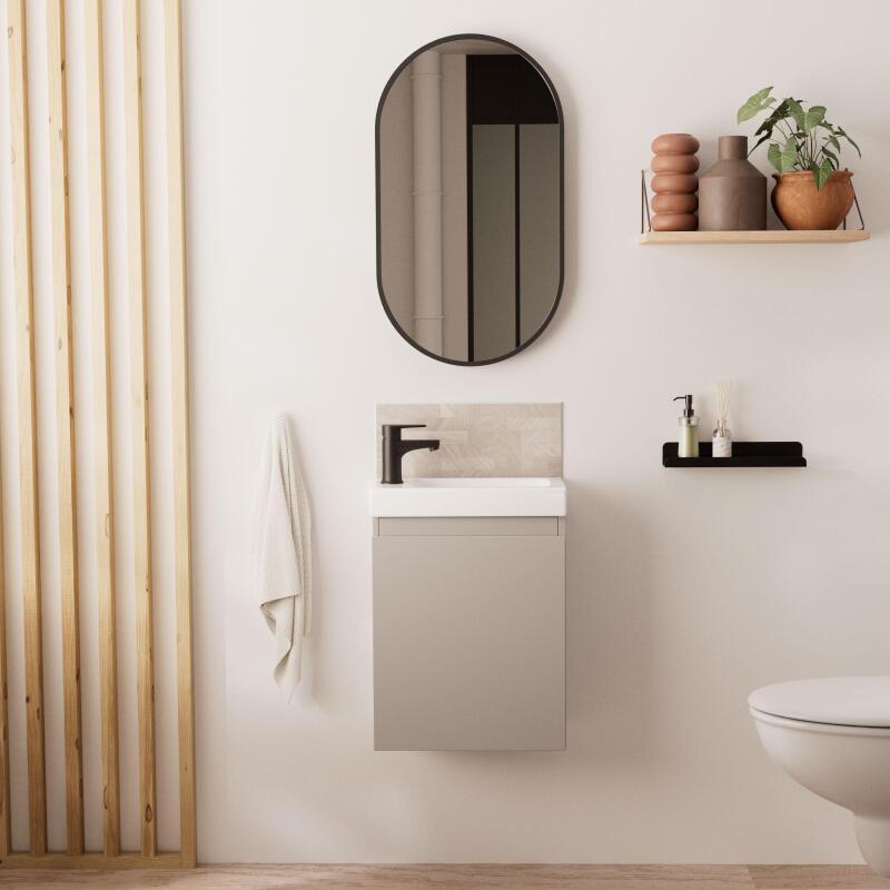 Ensemble lave-mains suspendu + robinet noir + miroir ovale