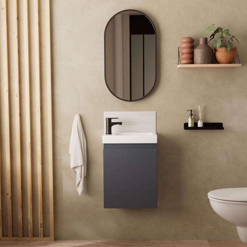 Ensemble lave-mains suspendu + robinet noir + miroir ovale