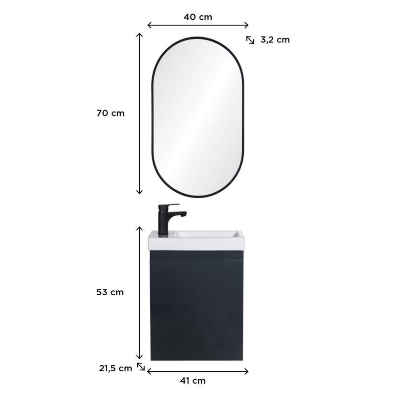 Ensemble lave-mains suspendu + robinet noir + miroir ovale