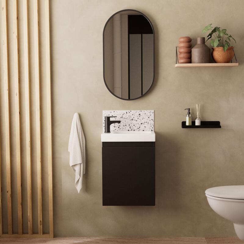 Ensemble lave-mains suspendu + robinet noir + miroir ovale