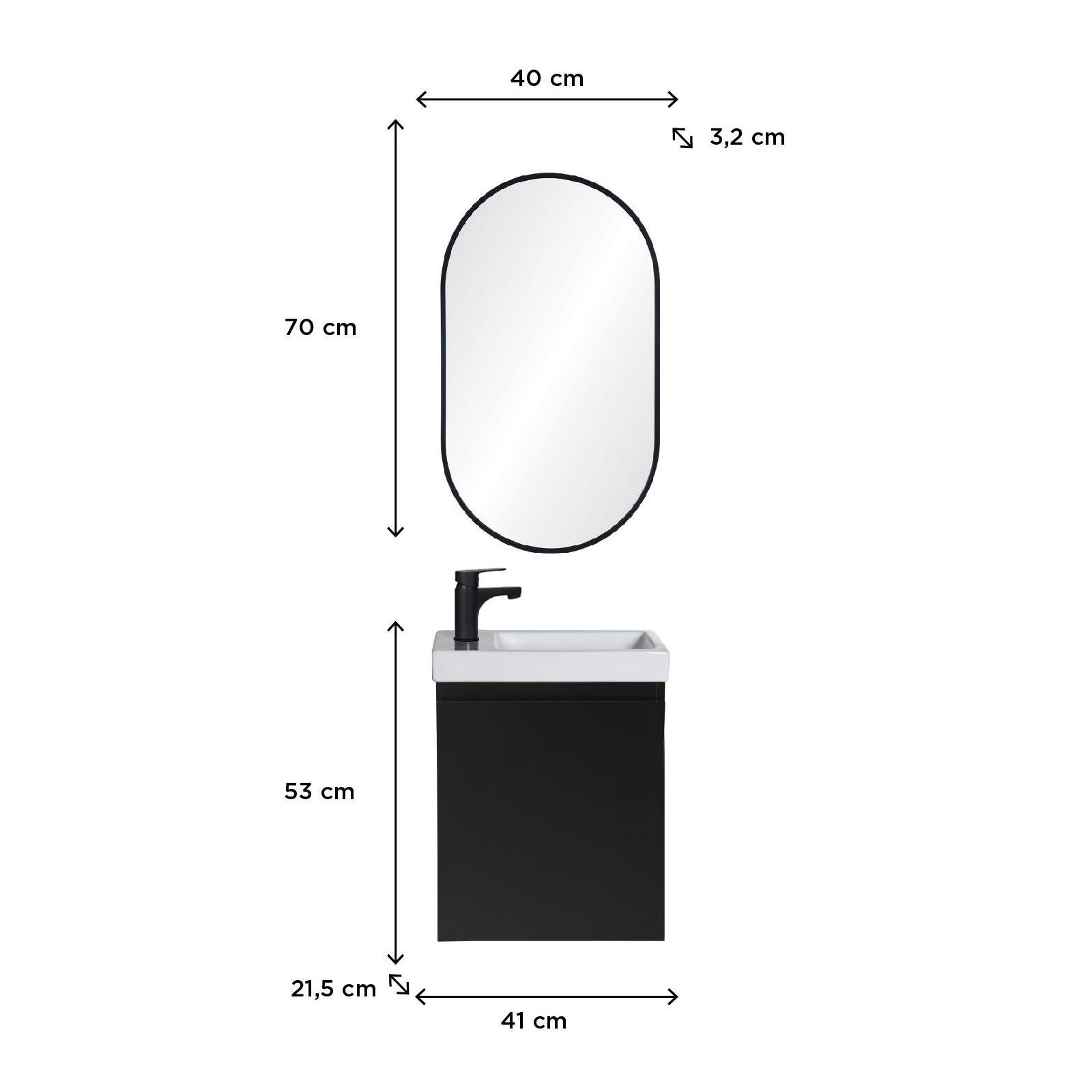 Ensemble lave-mains suspendu + robinet noir + miroir ovale