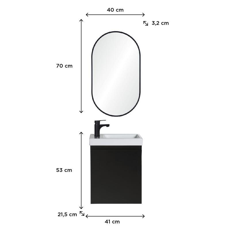 Ensemble lave-mains suspendu + robinet noir + miroir ovale