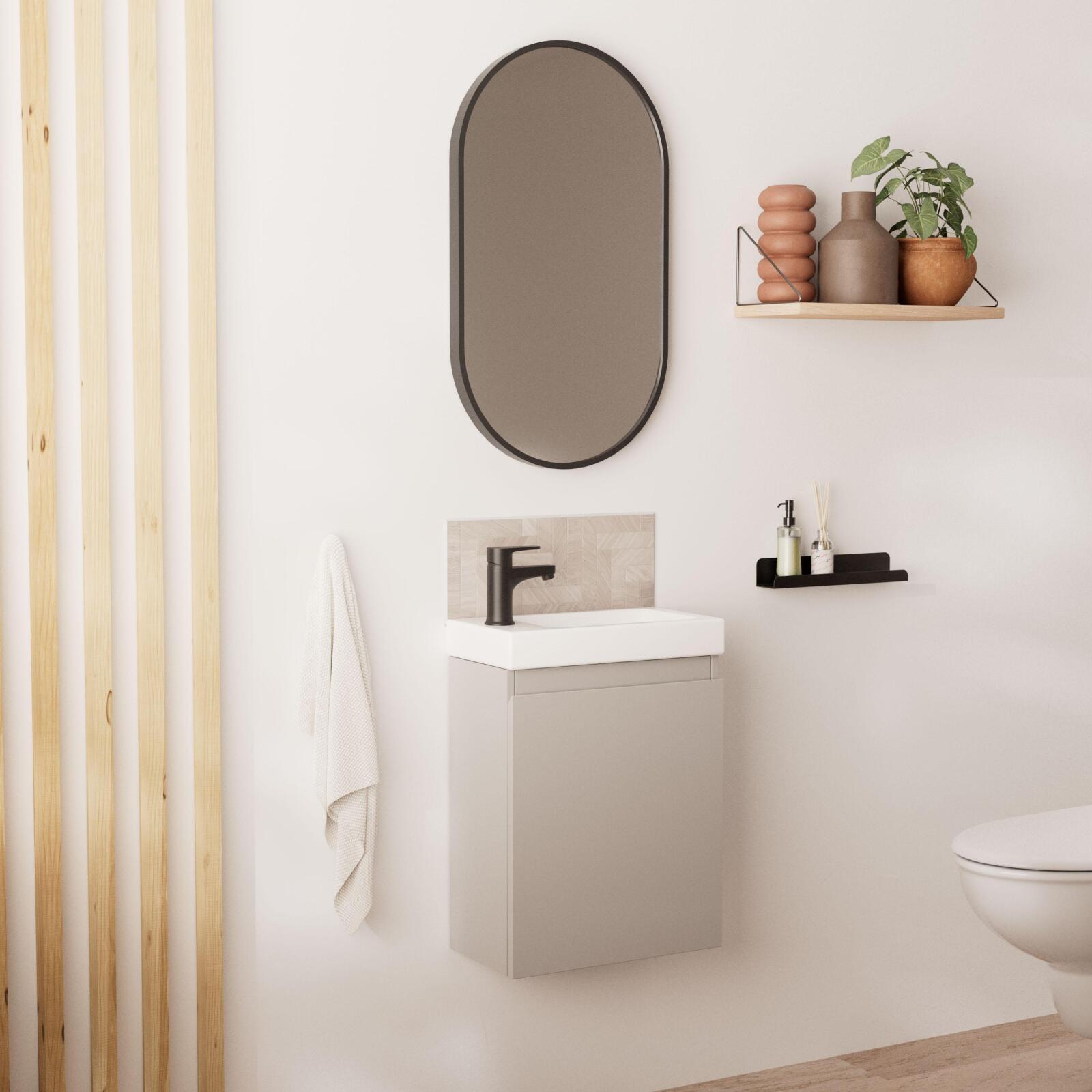 Ensemble lave-mains suspendu + robinet noir + miroir ovale
