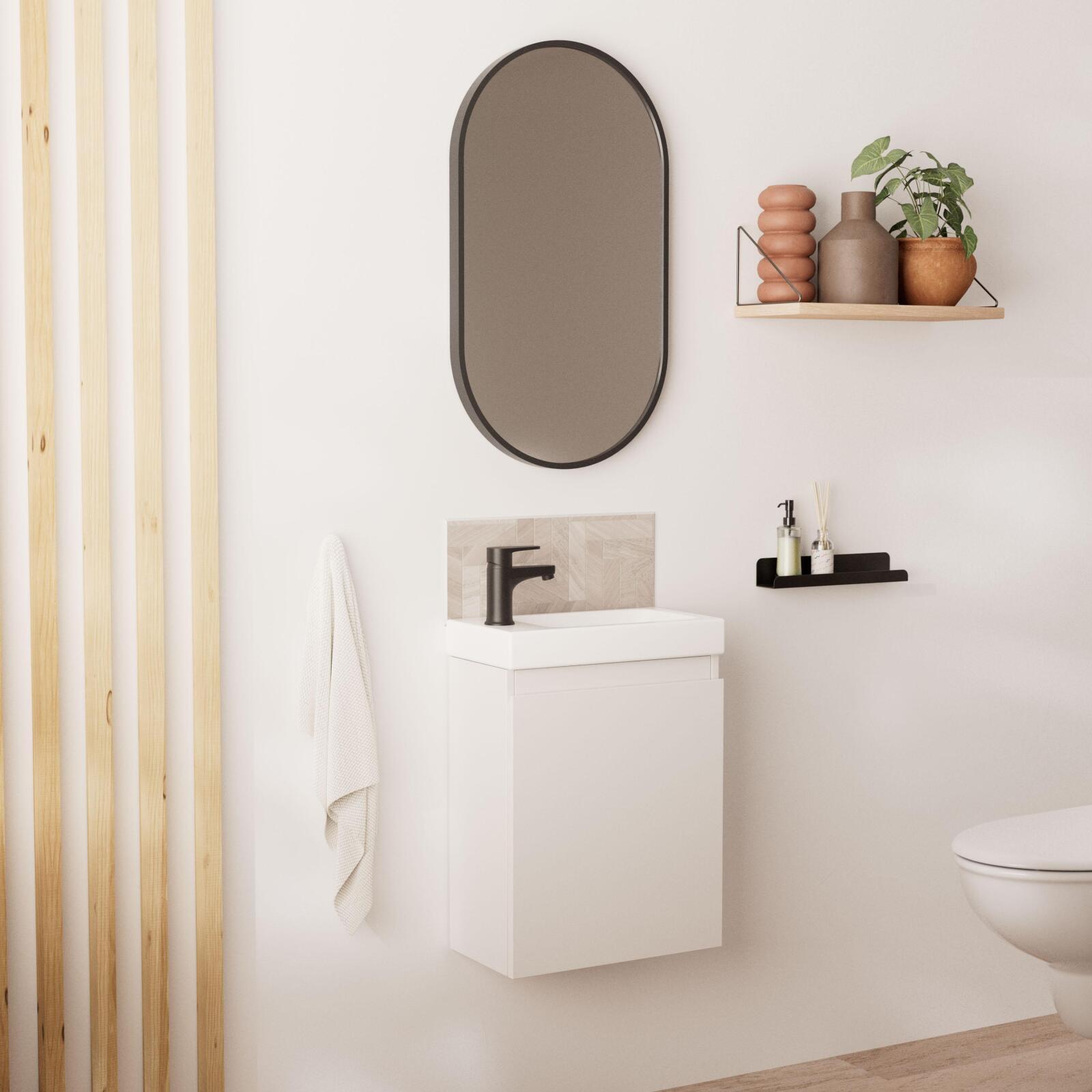 Ensemble lave-mains suspendu + robinet noir + miroir ovale
