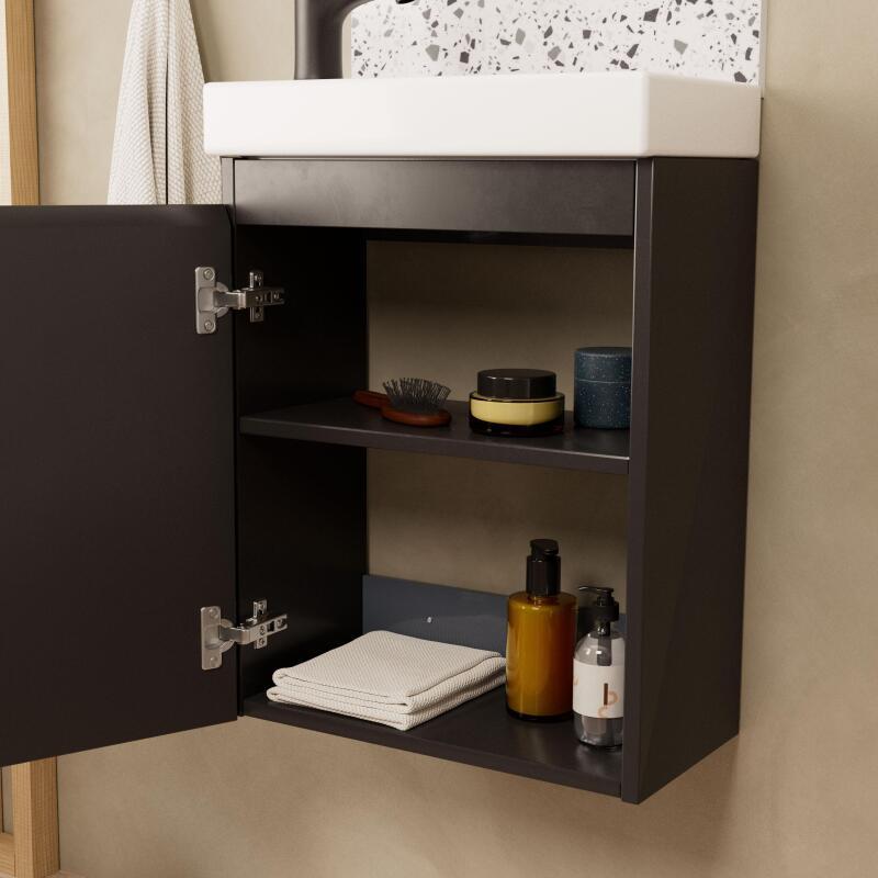 Ensemble lave-mains suspendu + robinet noir + miroir ovale