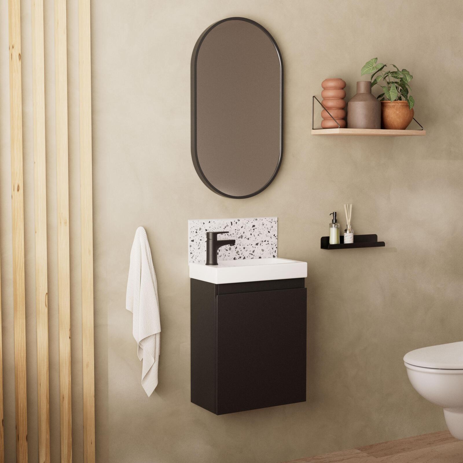 Ensemble lave-mains suspendu + robinet noir + miroir ovale