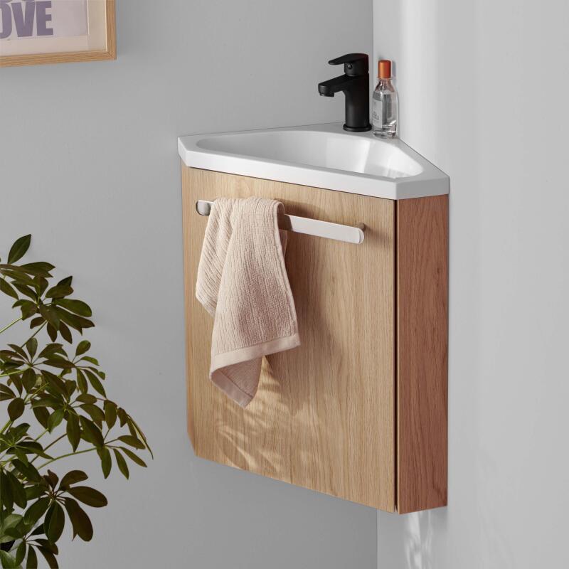 Ensemble meuble lave-mains d'angle décor chêne vasque noire SKINO avec robinet noir