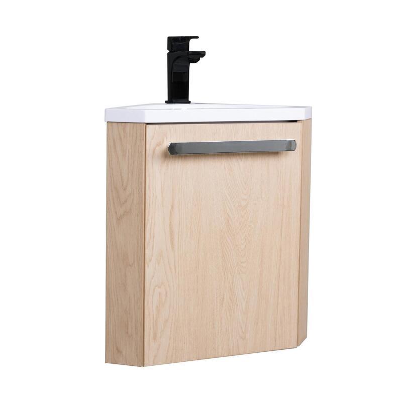 Ensemble meuble lave-mains d'angle décor chêne vasque noire SKINO avec robinet noir
