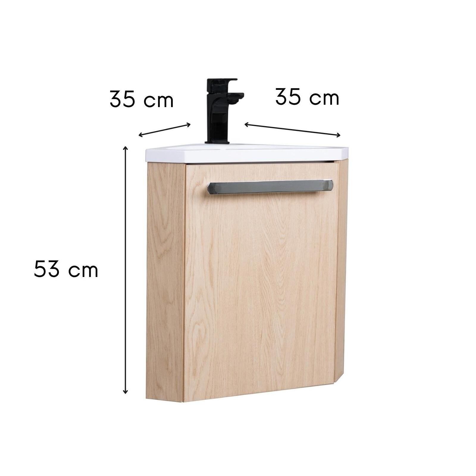 Ensemble meuble lave-mains d'angle décor chêne vasque noire SKINO avec robinet noir