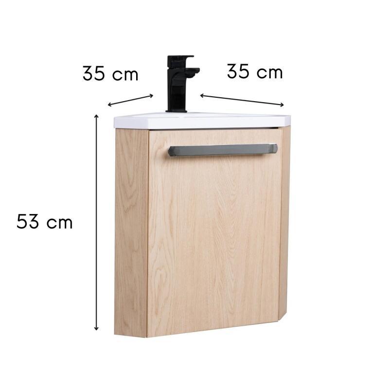 Ensemble meuble lave-mains d'angle décor chêne vasque noire SKINO avec robinet noir