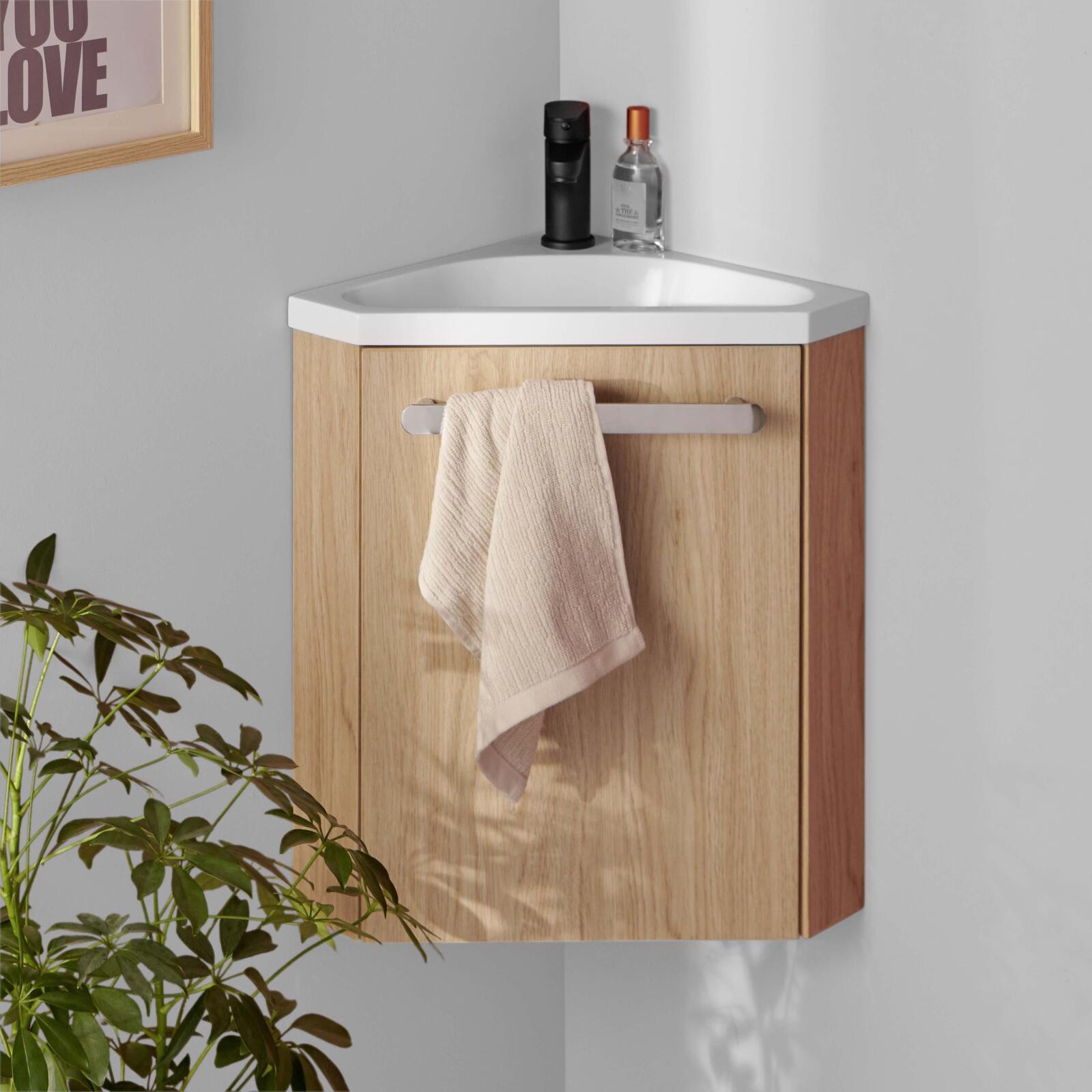 Ensemble meuble lave-mains d'angle décor chêne vasque noire SKINO avec robinet noir