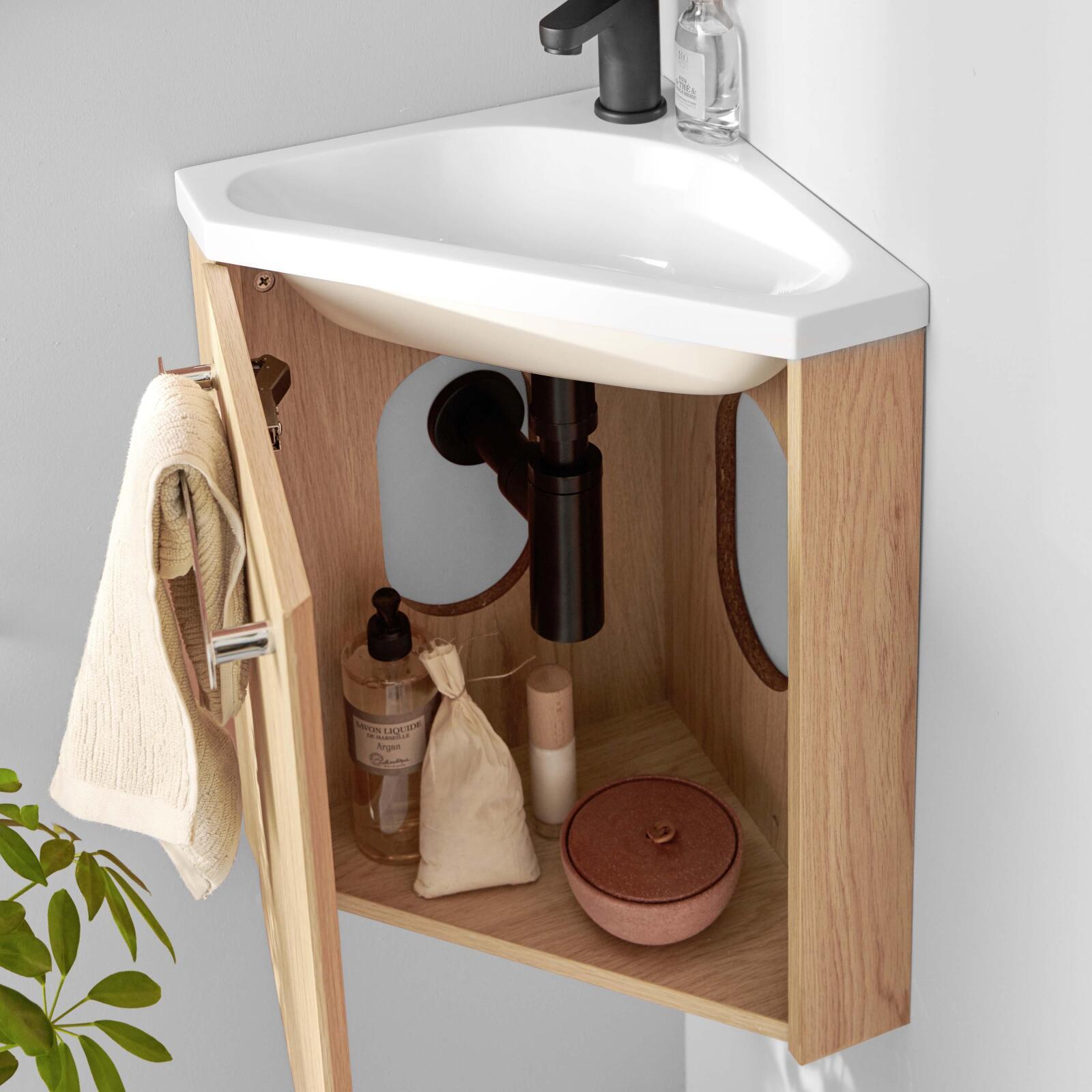 Ensemble meuble lave-mains d'angle décor chêne vasque noire SKINO avec robinet noir