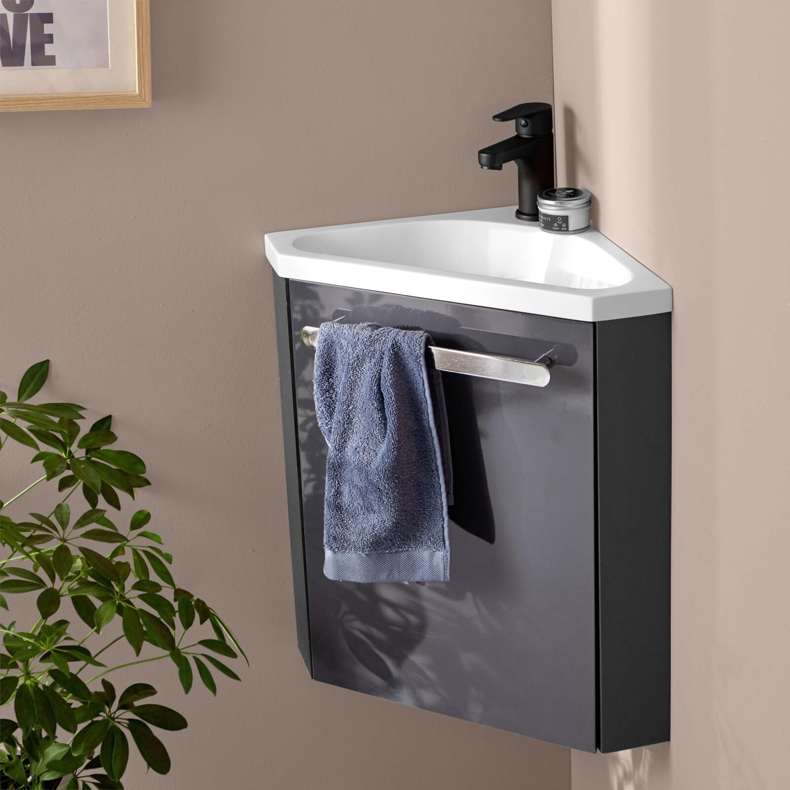 Ensemble meuble lave-mains d'angle décor chêne vasque noire SKINO avec robinet noir