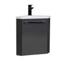 Ensemble meuble lave-mains d'angle décor chêne vasque noire SKINO avec robinet noir