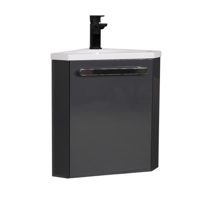 Ensemble meuble lave-mains d'angle décor chêne vasque noire SKINO avec robinet noir