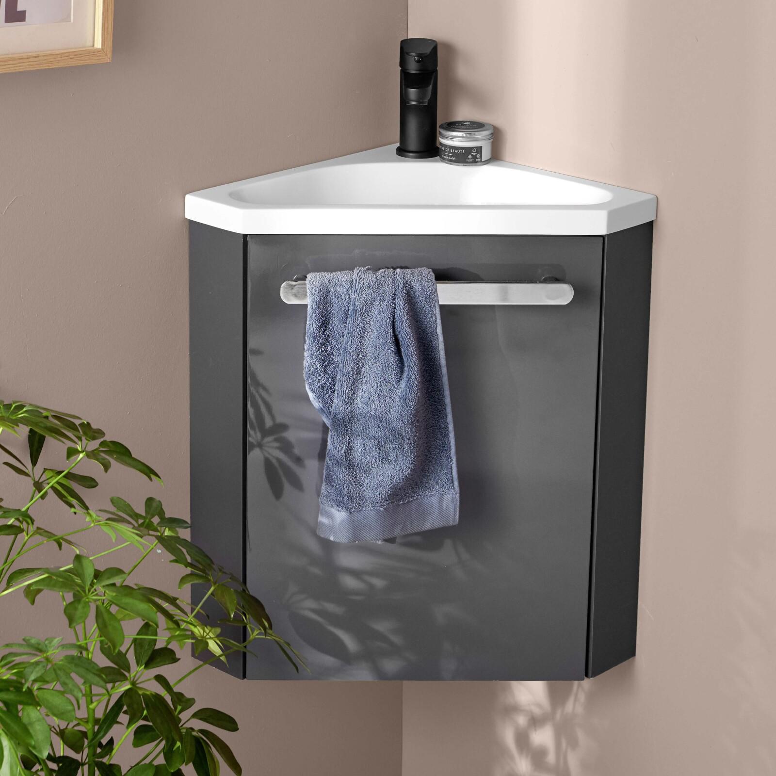 Ensemble meuble lave-mains d'angle décor chêne vasque noire SKINO avec robinet noir