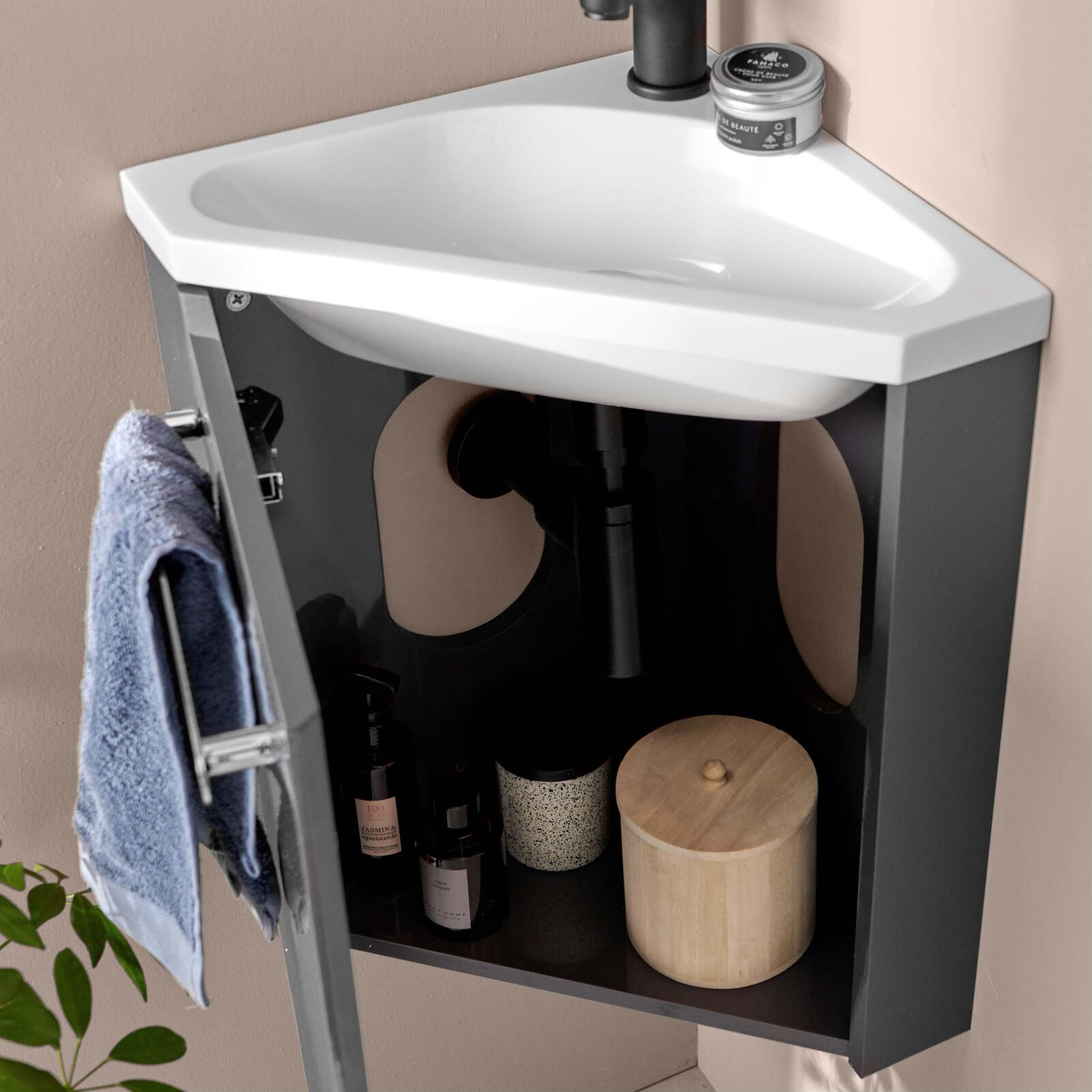 Ensemble meuble lave-mains d'angle décor chêne vasque noire SKINO avec robinet noir
